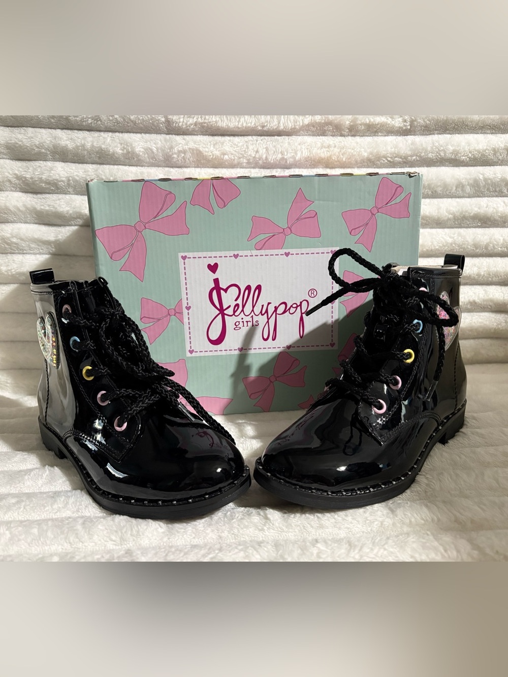 Jellypop Black Patent Kids Lace-Up Boots with Colorful Eyelets 2M